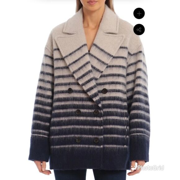 AVEC LES FILLES SAILOR STRIPE DOUBLE-BREASTED‎ PEACOAT, blue gray sz medium NEW! - Picture 2 of 12